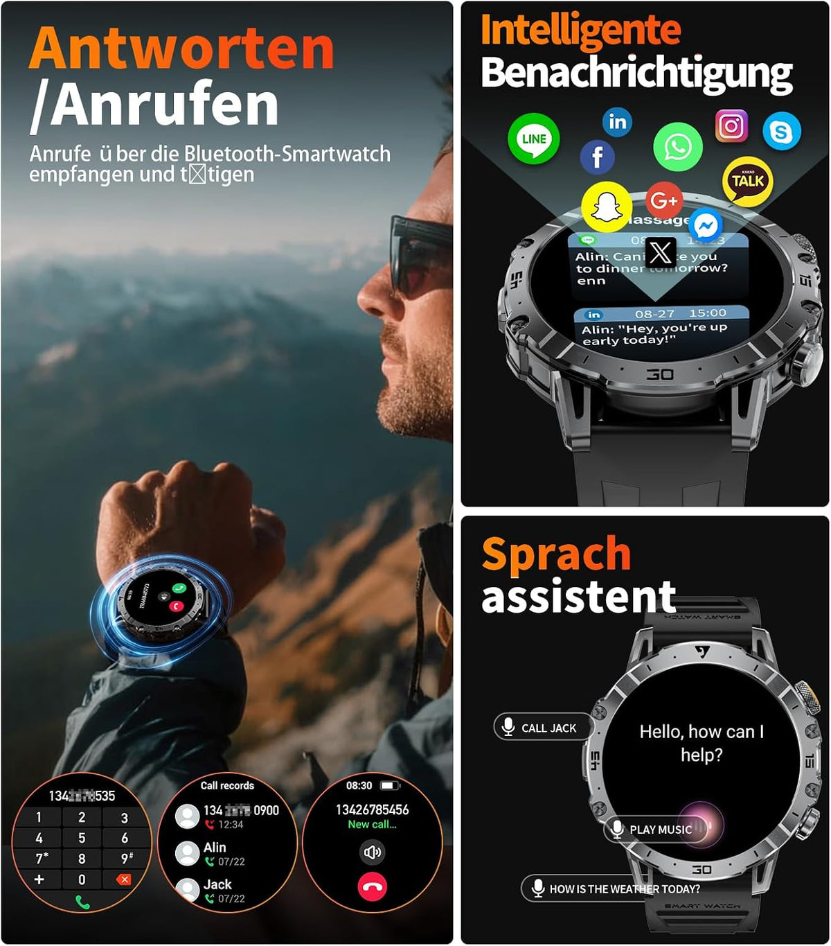 Smartwatch Herren Militär, 1000mAH Großer Akku, 1,7”HD Großes Display mit Telefonfunktion