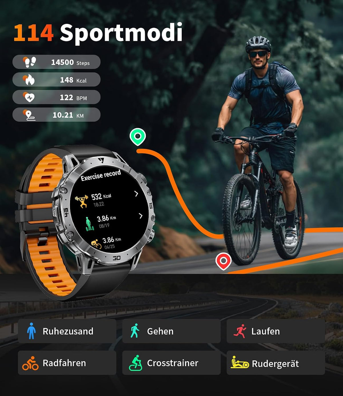 Smartwatch Herren Militär, 1000mAH Großer Akku, 1,7”HD Großes Display mit Telefonfunktion