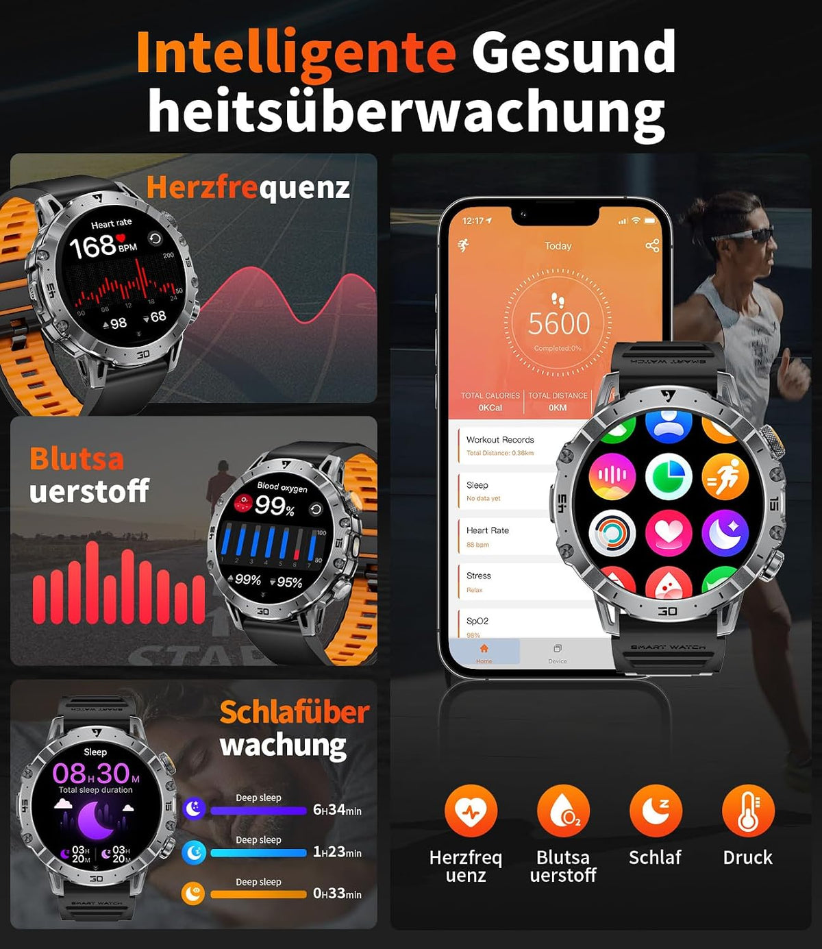 Smartwatch Herren Militär, 1000mAH Großer Akku, 1,7”HD Großes Display mit Telefonfunktion