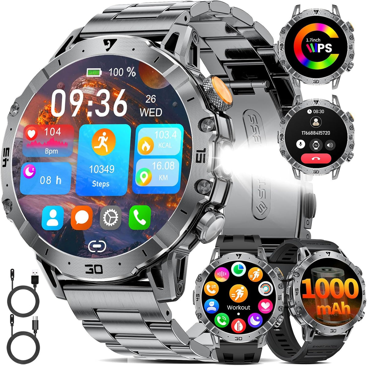 Smartwatch Herren Militär, 1000mAH Großer Akku, 1,7”HD Großes Display mit Telefonfunktion