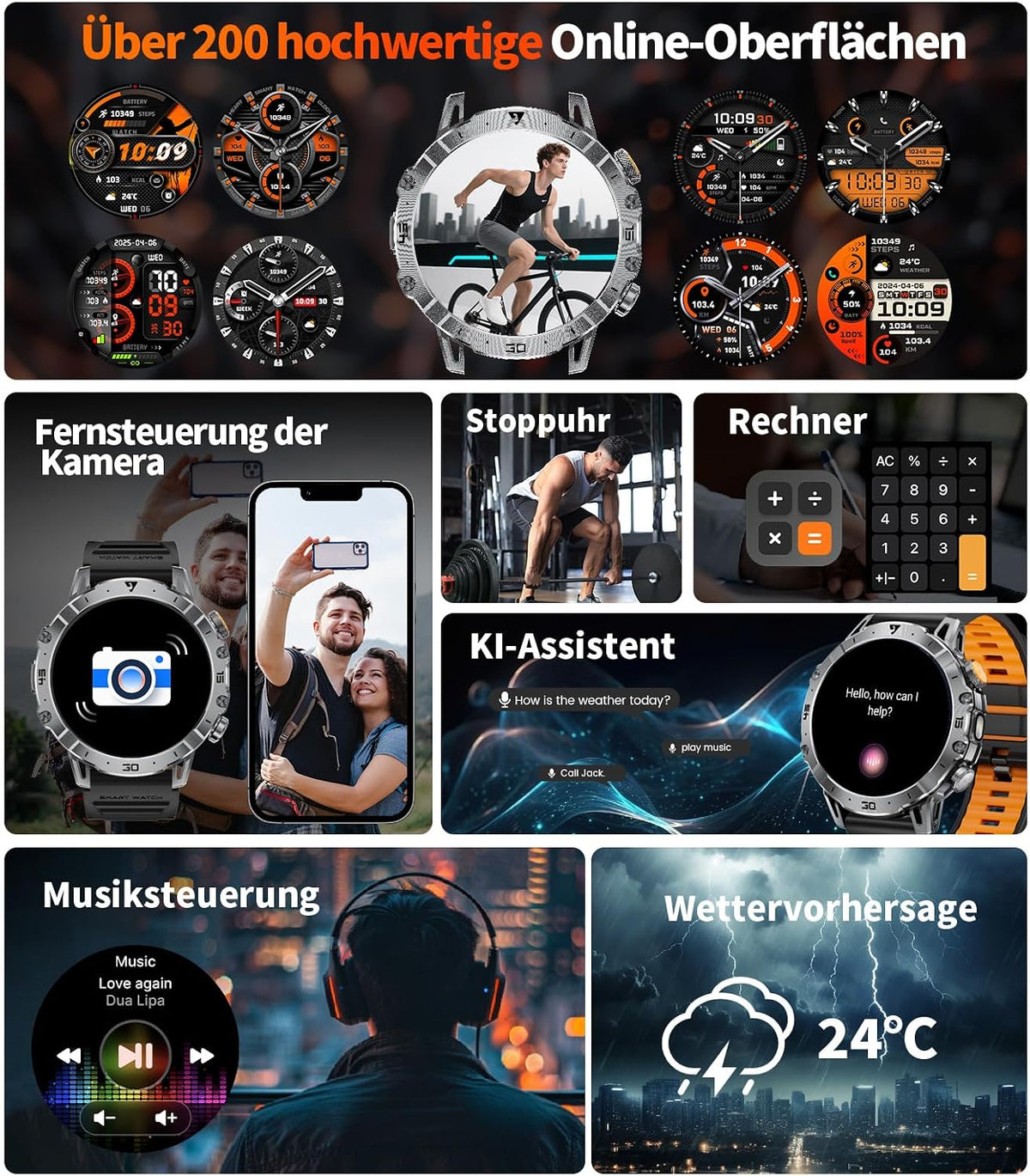 Smartwatch Herren Militär, 1000mAH Großer Akku, 1,7”HD Großes Display mit Telefonfunktion